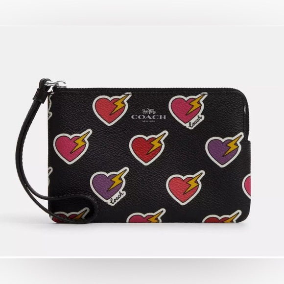 Coach Small Corner Zip Wristlet with Heart Bolt/ Lightening Black - Picture 1 of 7